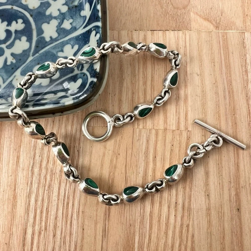 Taxco Sterling silver green malachite teardrop linked bracelet anklet chain